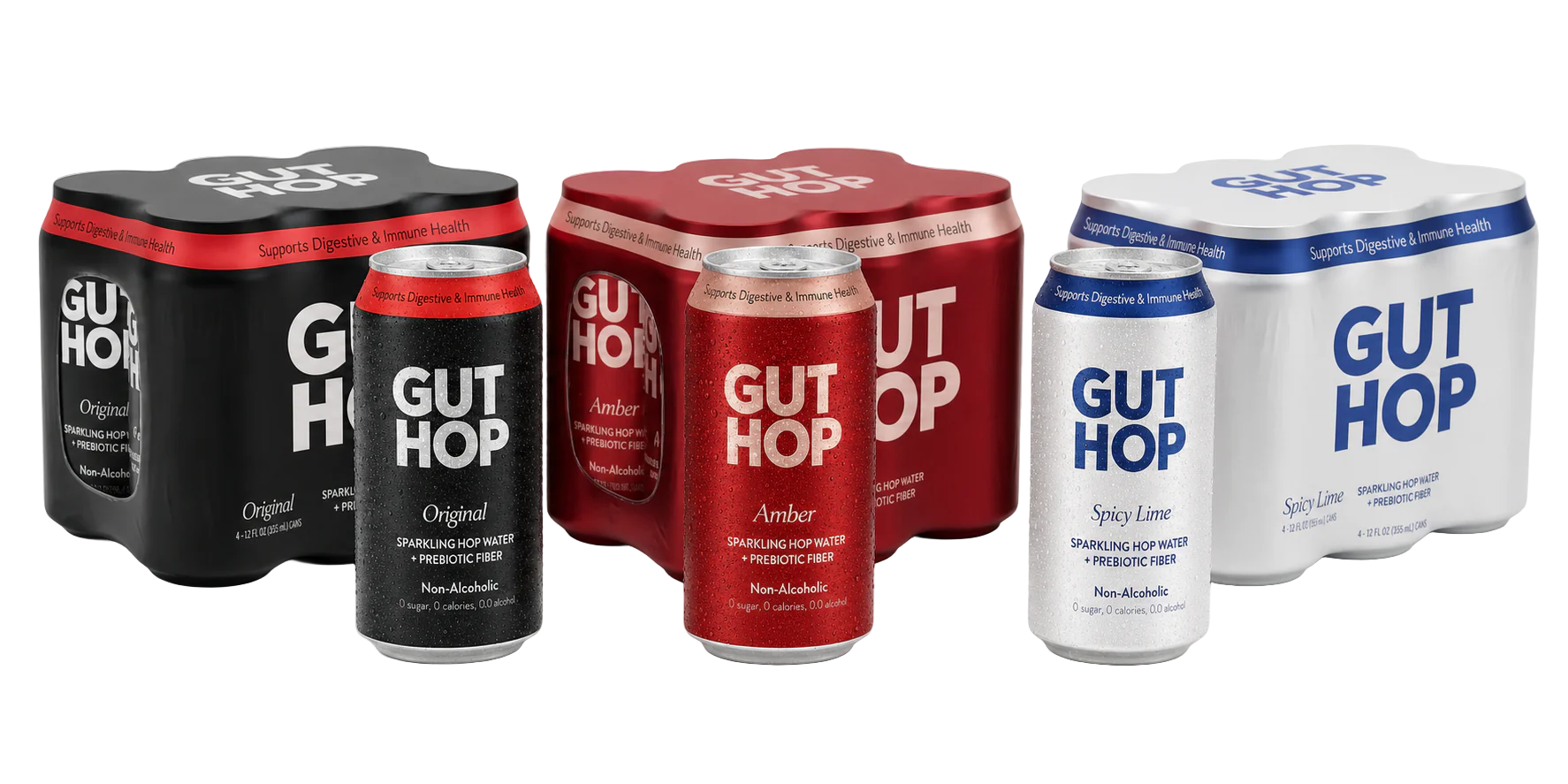 GUTHOP functional hop water — Original, Amber & Spicy Lime 4-packs